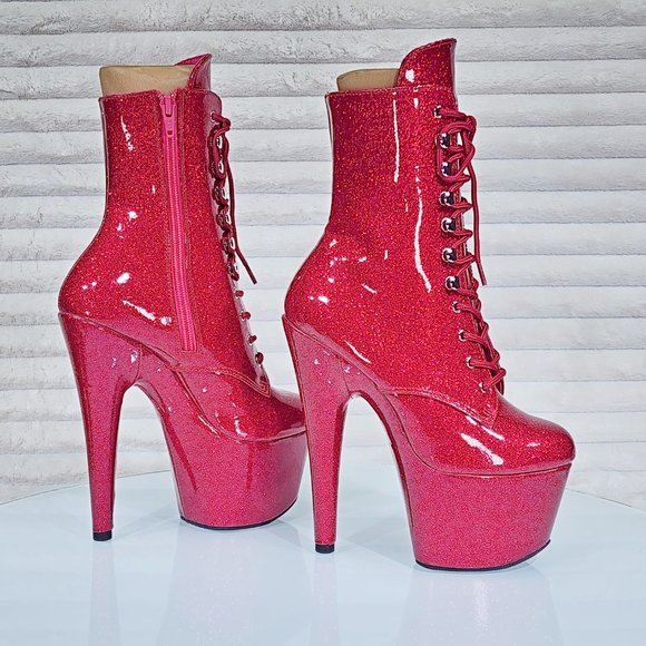 Fuchsia Red Glitter Patent 7" High Heel Platform Lace Up Ankle Boots 1020gp - Picture 1 of 8